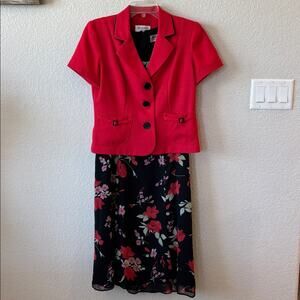 Studio I Black and Red Floral Dress and Red Suit Jacket 10P